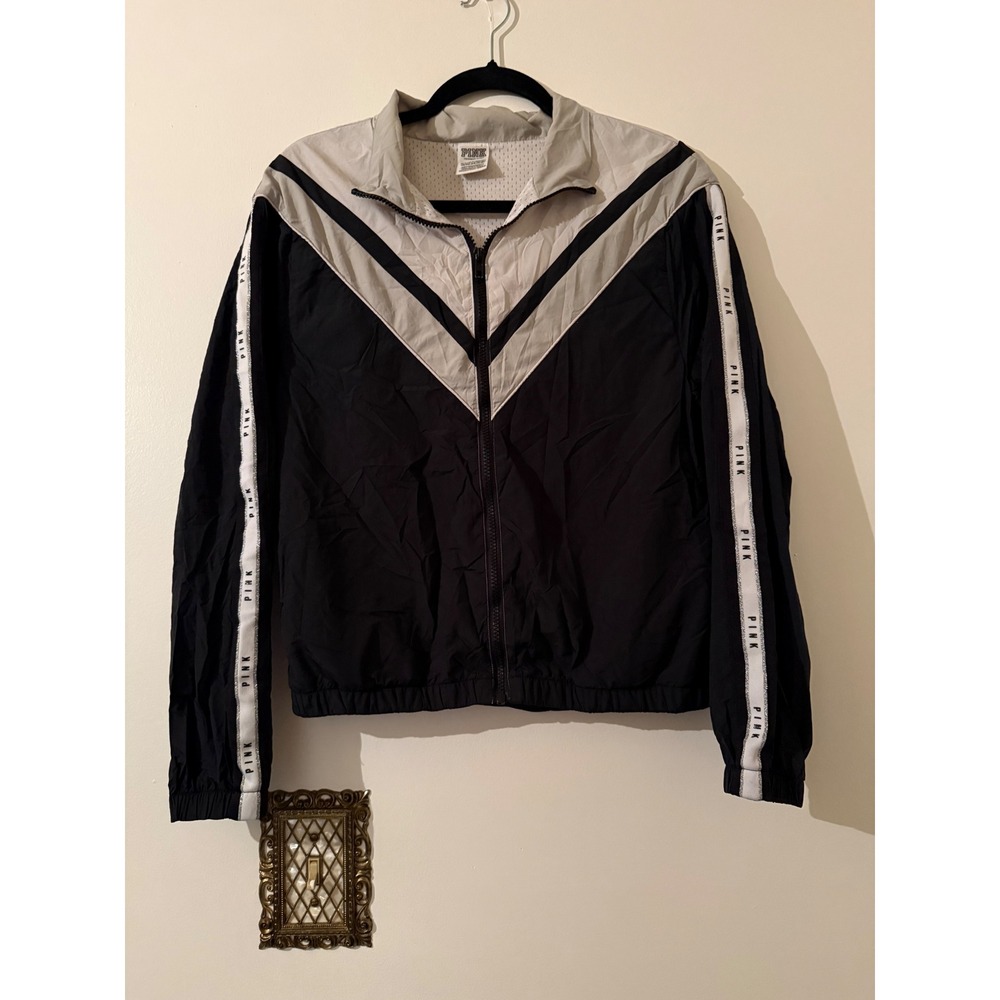 PINK Victoria's Secret Full Zip Windbreaker Jacket Black White Chevron Logo XS/S